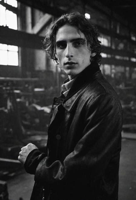 tyson_dayley <lora:tyson_dayley-08:0.75> , urban gritty location, posing in an industrial setting with steel beams,  Timothy tchalamet, natural lighting, dramatic directional lighting, bold confident mood, black and white Peter Lindbergh photography