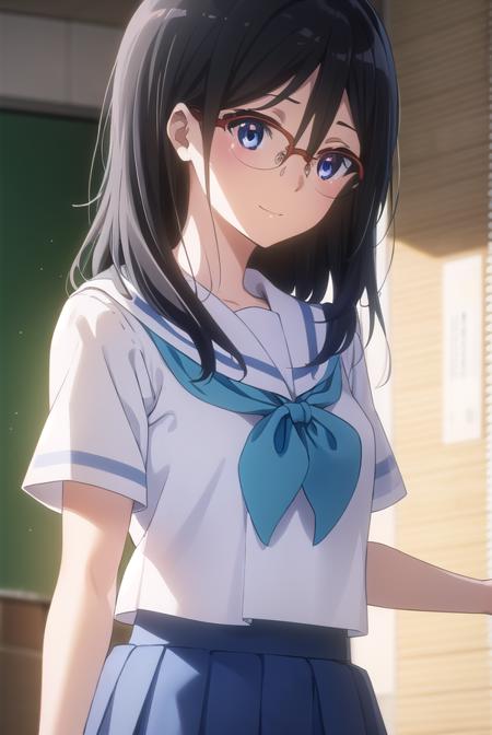 asukatanaka, <lora:asuka tanaka s2-lora-nochekaiser:1>,
asuka tanaka, long hair, black hair, blue eyes, glasses, semi-rimless eyewear, red-framed eyewear, over-rim eyewear, hair between eyes, smile,
BREAK skirt, shirt, school uniform, white shirt, short sleeves, pleated skirt, serafuku, sailor collar, blue skirt, neckerchief, blue sailor collar, school bag, green neckerchief, kitauji high school uniform,
BREAK indoors, classroom,
BREAK looking at viewer, (cowboy shot:1.5),
BREAK <lyco:GoodHands-beta2:1>, (masterpiece:1.2), best quality, high resolution, unity 8k wallpaper, (illustration:0.8), (beautiful detailed eyes:1.6), extremely detailed face, perfect lighting, extremely detailed CG, (perfect hands, perfect anatomy),