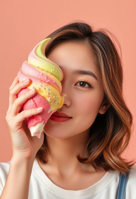A portrait of a young woman with one of her eyes covered by a large, vibrant scoop of ice cream. The ice cream is colorful, with a smooth texture, slightly melting, and has sprinkles on top. The woman has a playful expression, with a slight smile on her lips. Her uncovered eye is expressive, with long eyelashes. She has medium-length hair styled in loose waves, and is wearing a casual outfit. The background is simple, allowing the focus to remain on her face and the ice cream. The lighting is soft, giving a warm, inviting feel to the image. K-pop Idol face