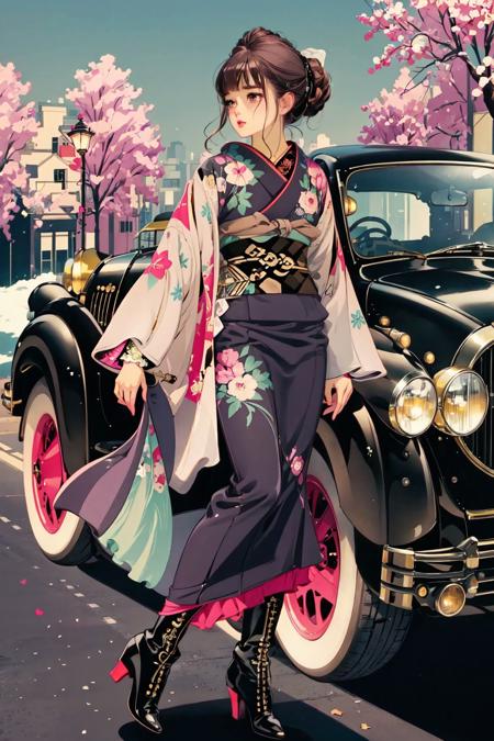 1girl, solo, brown hair, black hair, long sleeves, bow, brown eyes, standing, full body, hair bow, boots, outdoors, japanese clothes, kimono, black footwear, high heels, sash, obi, floral print, ground vehicle, motor vehicle, high heel boots, car, pink kimono,
 <lora:matsuo:1>