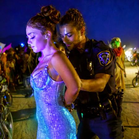 front lighting, closeup of a handcuffed woman, slender, makeup (big breasts:1.3)) in a crystal costume, wrists together behind butt, hair in a messy bun, escorted by two plainclothes cops  at protest at Burningman at night
<lora:handcuffed:1>    <lora:burner_style_v1:0.4> <lora:burn3rgurl:0.4>