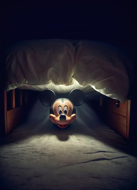 <lora:ral-ertmsphr:0.7> ral-ertmsphr,  Mickey Mouse under the bed, glowing Eyes, at night
