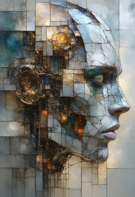 Construct a photorealistic rendering of a colossal, decaying automaton, fractured into stained-glass facets. Multiple perspectives collapse into a single, complex composition, with gears, pipes, and limbs rendered as geometric shards radiating a faint, ethereal glow. The color palette employs deep copper, tarnished silver, and sapphire blue, emphasizing intersecting lines and fragmented forms. Integrate subtle photorealistic details within each glass facetâthe texture of aged metal, the glint of internal mechanismsâto create a compelling blend of abstract geometry and tangible history, evoking a sense of lost purpose and mechanical melancholy.