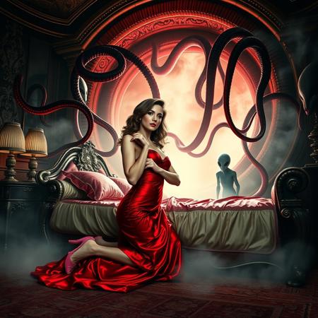 Classy lady in a rich red, glossy satin nightgown, elegant high heels, and bold lip color, kneeling on a luxurious Victorian bed, surrounded by weird foil pillows, struggles to break free from the grasp of long, slimy alien tentacles emerging from a giant, swirling portal in the wall, shrouded in fog, as two gray aliens with large, almond-shaped eyes observe her from the portal's threshold, leading to an ominous, dimly lit alien spaceship harem chamber, inspired by the dark, sensual, and surreal styles of H.R. Giger, Zdzisław Beksiński, and Ash Thorp, with intricate textures, metallic sheens, and an eerie, pulsing glow.