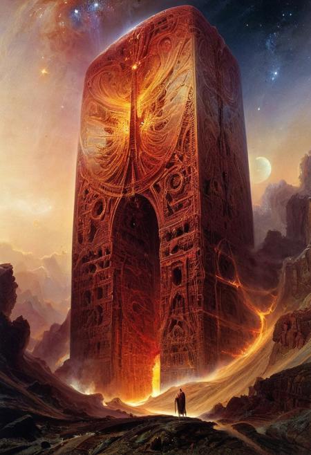 The lovecraftian depiction of the unimaginable inevitable endless cosmic horror coming from the deadly void of space in the form of the giant irritating ethereal indescribable ancient non-euclidean monolith, high quality, detailed, intricate details, masterpiece, UHD 16K, professional photograph, by thomas moran, by zdzislaw beksinski