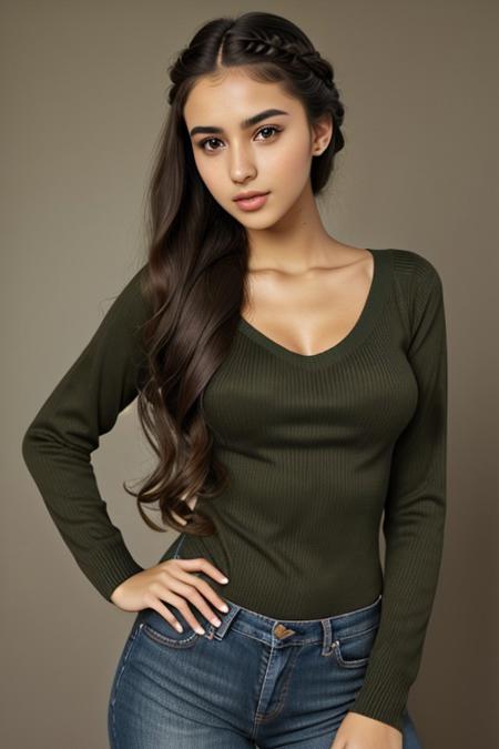 photorealistic, perfect quality, tv_Julia_Masoud_MXAI, wearing a tight green sweater, jeans, black background, model, 18 years old, dark hair, middle eastern skin tone, cute, beautiful, sexy posing, standing, petite, small breasts, skinny, enchanting brown eyes, long hair, hand on hip, seductive, inviting, teasing, ((Photo Focus, DOF, Aperture, highly detailed and intricate))