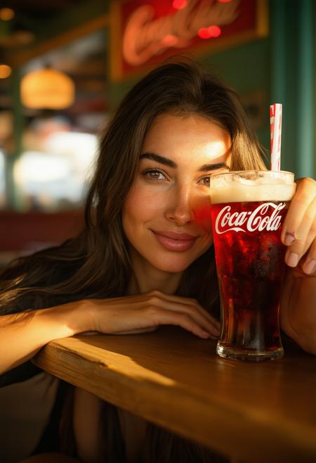 Cheyenne woman, intimate close-up, shy smile crinkles warm eyes, peeking over a glistening Coca-Cola glass rim. Sun-drenched vintage diner booth, golden hour light spills. Roger Deakins-inspired cinematography: shallow depth of field, soft painterly shadows. Palette: rich honeyed tones, vibrant crimson logo, amber highlights. Textures: beaded condensation on cool glass, smooth skin, worn leather. Atmosphere: nostalgic warmth, quiet intimacy. Dust motes dance in sunbeams, subtle lens flare. Fleeting, genuine connection.