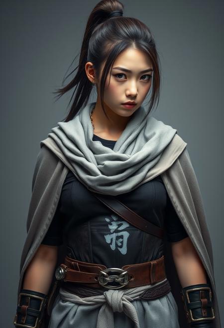 full shot of a japanese ninja girl, She has a tall ponytail hair style, She has a scar in the right eye, She wears a grey scarf cape, She wears two warrior belts with chains, she wears a Battle leather corset, she wears a black T-shirt, she wears light grey Explorer trousers, photography studio style, hyper realistic, ultra detailed