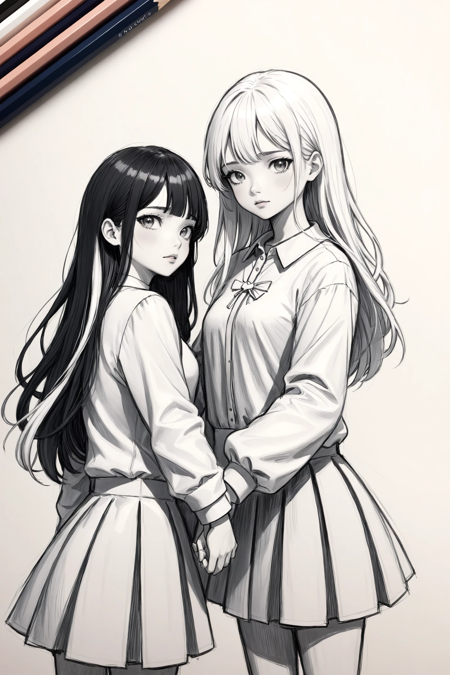 sketch, pencil drawing, black hair girl, white hair girl, holding hand