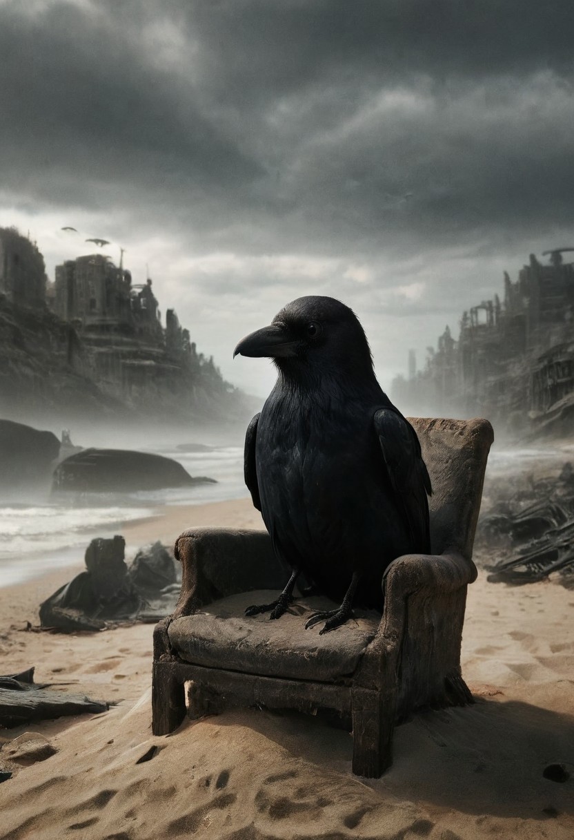 ral-apoctvisn, low-key, dark, a raven is cool as hell, it's wearing sunglasses, sitting on a chair at the beach, this raven doesn't give a damn, the raven is chillin like a villain, awesome