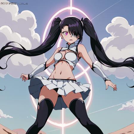 Loly_Aivirrne, 1girl, solo, long hair, white miniskirt, black hair, black thigh boots, navel, twintails, flat chest, pleated skirt, zettai ryouiki, eyepatch, center opening, midriff, cleavage, clothing cutout, purple eyes