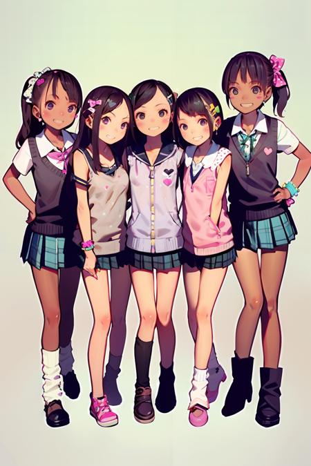 masterpiece, best quality,multiple girls, skirt, 4girls, smile, brown hair, blonde hair, shoes, long hair, shorts, brown eyes, hair bow, open mouth, bow, looking at viewer, shirt, simple background, grey background, side ponytail, short hair, boots, sneakers, plaid skirt, plaid, black footwear, standing, socks, sweater vest, grin, vest, short sleeves, full body, ribbon, heart, white shirt, pleated skirt, short shorts, hair ornament, bangs, purple eyes, tan, jewelry, blush stickers, polka dot, tank top, bracelet, brown footwear, :d, closed mouth, loose socks, scrunchie, black hair, pink footwear, hairclip, school uniform, camisole, miniskirt, black eyes, collared shirt, sleeveless, hair ribbon, clothes writing, teeth, dark skin, wristband, green bow, gyaru, zipper, blush, jacket, dark-skinned female, medium hair, collarbone, black skirt, badge, hand on hip, neck ribbon, flat chest, heart print, bag