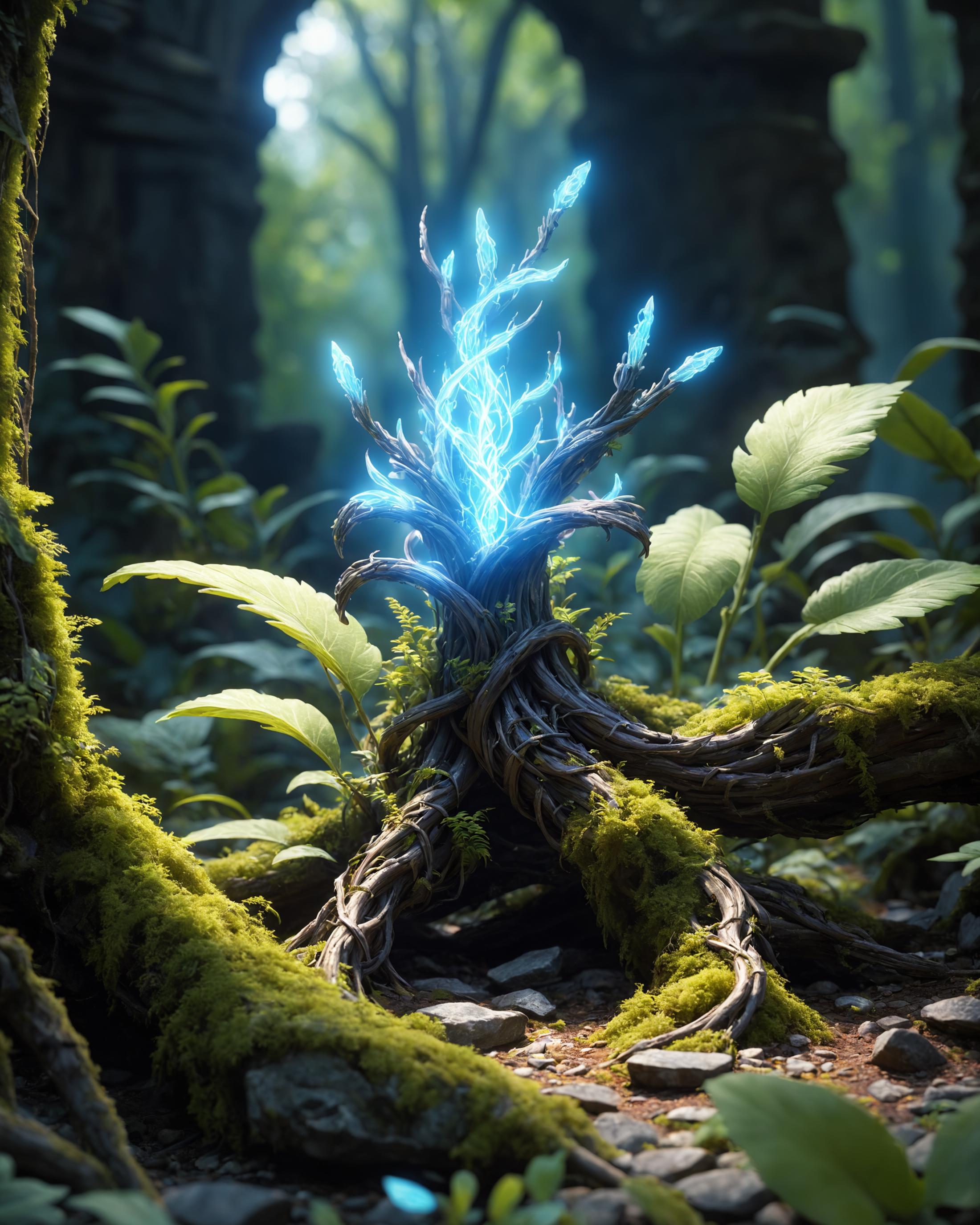 A Tree with Glowing Blue Roots and Green Moss in a Forest