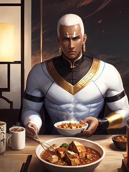 masterpiece,best quality,highres,cinematic lighting,dramatic angle,<lora:ShadowverseMjerrabaineV3-000045:0.8> ,1boy,mature male,muscular,white hair,bald,long robe,long sleeves,wide sleeves,collar,blue eyes,portrait,gauntlets,wristband,gold-trimmed,(facial mark:1.2),dark skin,ribbon,cape,(looking at the mapo tofu:1.2),spicy,(sweat:1.3),eyes widened,spoon,(chinese restaurant:1.2),sitting,table,across table,nervous,sweaty,(clenched teeth:1.1),eating,steam,steamy