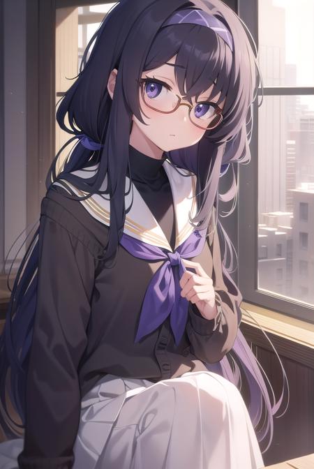 uikozeki, <lyco:uikozeki-lyco-nochekaiser:1>,
ui kozeki, bags under eyes, black hair, (purple eyes:1.5), glasses, halo, long hair, red-framed eyewear,
BREAK black pantyhose, black undershirt, blue hairband, blue neckerchief, brown cardigan, brown sweater, cardigan, hairband, long sleeves, messy hair, neckerchief, pantyhose, sailor collar, school uniform, serafuku, sweater, white sailor collar, white serafuku, skirt, long skirt,
BREAK looking at viewer,
BREAK indoors, classroom,
BREAK <lyco:GoodHands-beta2:1>, (masterpiece:1.2), best quality, high resolution, unity 8k wallpaper, (illustration:0.8), (beautiful detailed eyes:1.6), extremely detailed face, perfect lighting, extremely detailed CG, (perfect hands, perfect anatomy),