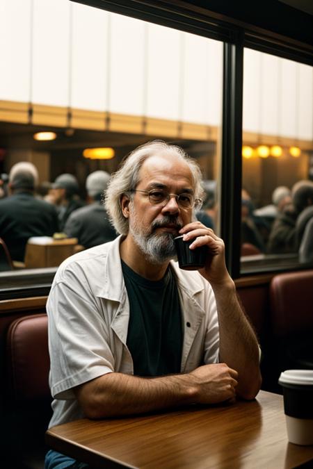 A photo of a Socrates the philosopher sitting in a busy old diner, coffee cup in front of him, photorealistic, cinematic lighting, dark atmosphere, volumetric lighting, kodak portra 160  <lora:more_details:0.6>
