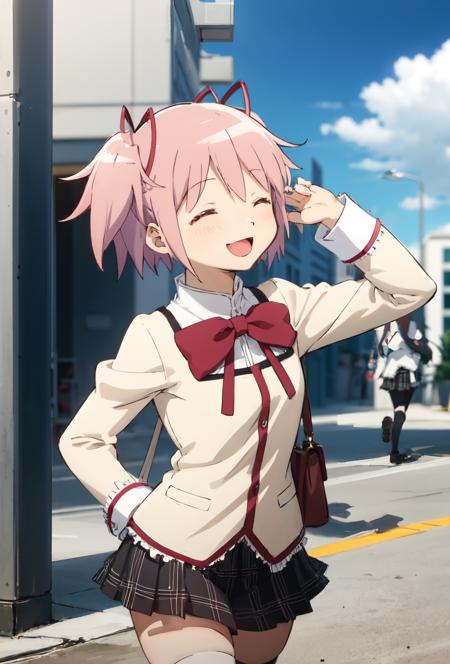 <lora:Madoka Akemi:0.8>, 1girl, madoka, happy, school uniform, short hair, white thighhigh