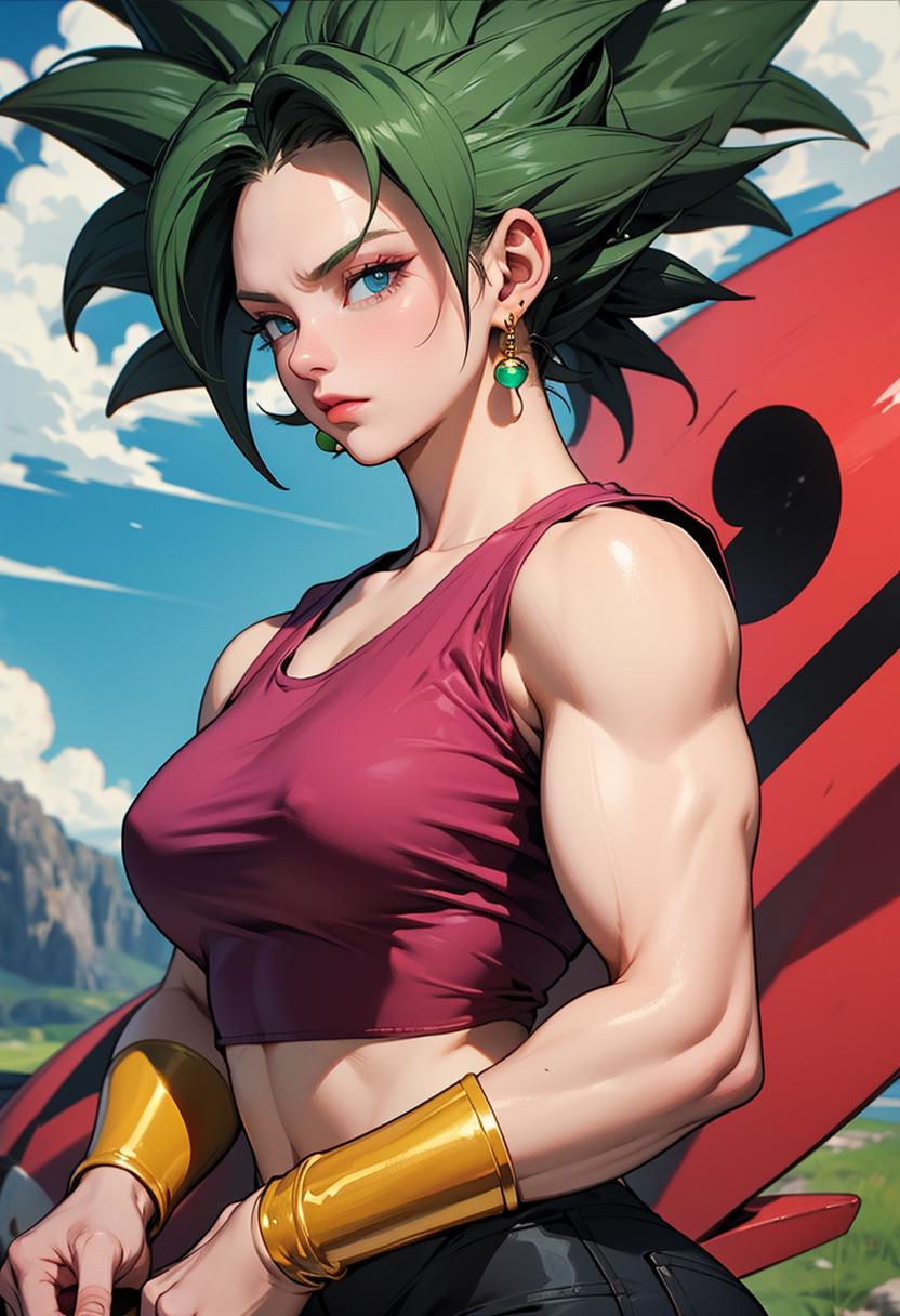 (masterpiece, best quality), <lora:kefla_dragon_ball:0.8>, kefla_dragonball, muscular, jewelry, earrings, crop top