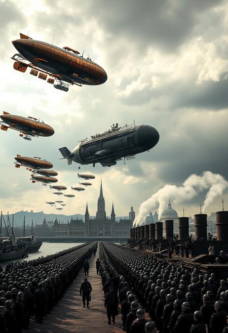 In the expansive harbor, a fleet of Victorian steampunk airships soars through the sky, their bronze and iron hulls glistening in the diffused morning light. Gears and propellers churn rhythmically, while steam hisses from the vents, propelling the airships toward the distant horizon. Below, the ground is a hive of activity, where an army clad in polished iron armor stands at attention, awaiting orders. The soldiers, positioned in precise formations, prepare to board the massive battleships docked along the pier. The navy's imposing vessels, crafted with industrial-era ingenuity, are lined up, chimneys spewing thick plumes of smoke into the sky. A sense of anticipation permeates the air as the forces ready for battle. The city behind them, with its towering gothic architecture, casts long shadows across the harbor, adding to the tension. The dramatic, low-angle shot captures the converging forces of air and sea, amplifying the chaos and strategic intensity of the moment. The sky darkens as storm clouds gather, setting an epic and moody cinematic tone.
Victorian age, industrial evolutionary-era, steampunk.
(Ultra-realistic, 32k, Masterpiece, High Quality, Detailed Realistic Background, Official Art, Realistic Lighting, filmfotos, film grain, reversal film photography).(captivating gaze:1.1), (contrast of light and texture:1.2), artistic interplay, (sharp luminous streaks:1.1), (detailed iris:1.1), Sony α7R IV, 1/320s, f/2.8, ISO 400), (intrinsic contrast:1.2).