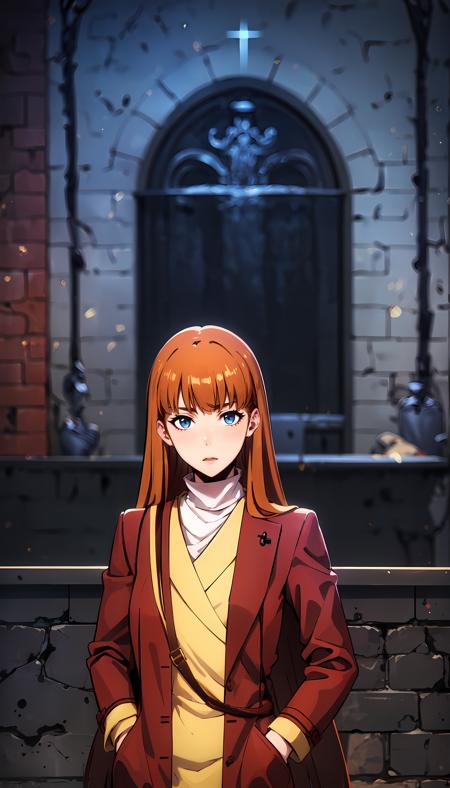 long hair orange hair bangs blue eyes long coat red coat