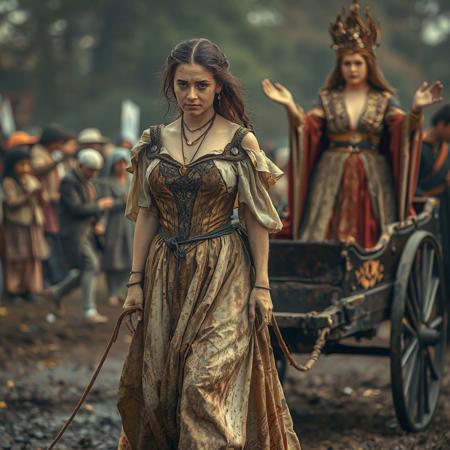 beautiful defeated and captured queen pulled behind a cart by leash around her neck, wearing muddy royal gown, disheveled hair, hands tied behind her back. behind her in a carraige, the victorious queen in magnificent robes, standing,  arms out, accepting praise