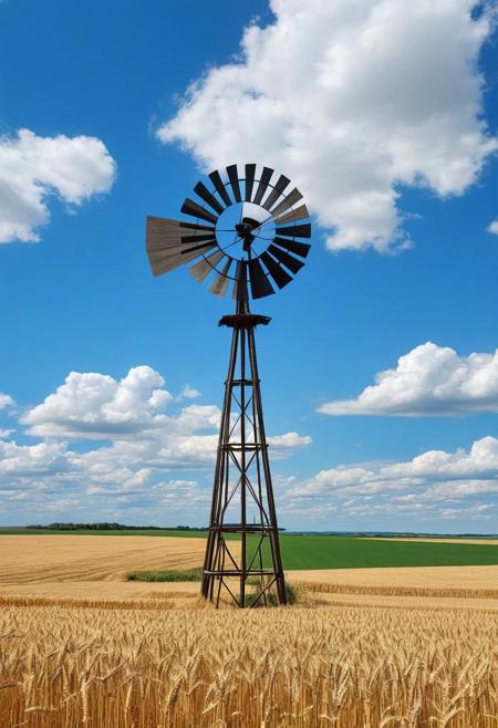 Antique windmill with 4 grinding blades rotating by the force of the wind activating it, background large wheat fields and blue sky with cumulus clouds