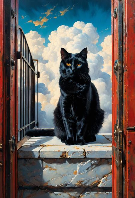 (A black cat sitting at the gates of paradise on the clouds) (ingenious opus magnum by Michael Vincent Manalo and Elvira Vigna:1.2), (pastel oil painting:0.1), high key with glistening light, cosmic anddireful and dramatic atmosphere, (zestful quinacridone nickel azo gold and electricblue color swatch:0.1), raw details, crisp details, bokeh lights, <lora:xl_more_art-full_v1:0.6> ,analog photo, full body,, tall height, against the rise in the background, , , epic clouds, (oil on canvas:0.2), , art by Jeremy Mann, god rays, dramatic light,    ,  (art by Eduard Wilhelm Pose and Master of the Holy Blood and Ivan Bilibin:1.1), (oxygen-rich air and sheltered atmosphere,, aesthetic of hard - edge painting:0.1), symmetry and balance, pioneering unparalleled masterwork with superior details, <lora:MJ52:0.90> <lora:xl_more_art-full_v1:0.4> <lora:RMSDXL_Creative:1>,(skin texture),masterpiece, top quality, best quality, official art,highest detailed,,atmospheric lighting, cinematic composition,complex multiple subjects, 4k HDRvaporwave style , , cyberpunk, vibrant, neon colors, , highly detailed,,,Leica Q2 with Summilux 35mm f/1.2 ASPH, ,clear face, Ultra High Resolution, wallpaper, 8K,Rich texture details, hyper detailed, detailed eyes, detailed background, dramatic angle,