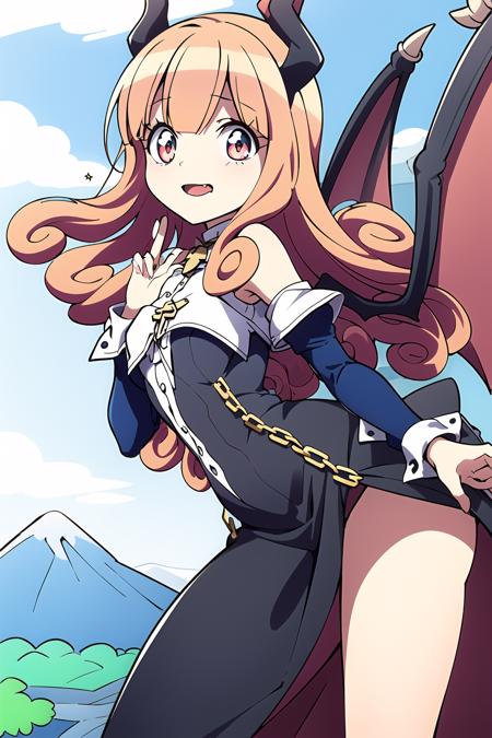 masterpiece, highly detailed, 1girl, best quality, poporon \(jashin-chan dropkick\), red hair, red eyes, succubus, demonic dress, black gown, spikes, chains, gothic fashion, dragon horns, dragon tail, dragon wings, mountain, clouds, valley, sky