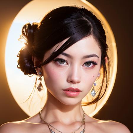 (8k, RAW photo, best quality, masterpiece:1.2), (realistic, photo-realistic:1.37), portrait photo of kaoru_sayama-4000, updo hair, 1girl, professional lighting, photon mapping, radiosity, physically-based rendering, blush, necklace, earrings, exquisite makeup