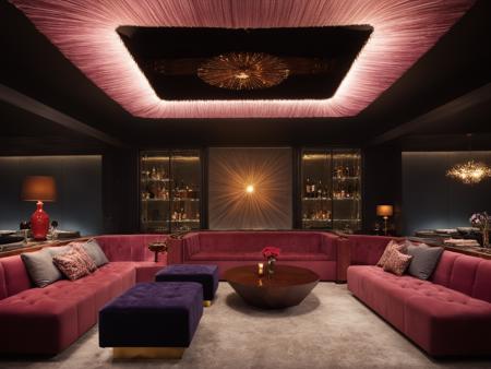 Architectural style <lora:JJsClub_XL:1>, (((Club))), flower,indoors, seat,plant,wine glass,stool, scenery, ceiling light,,lamp,sofa, rug,chandelier,seat,couch, dramatic lighting, dramatic view, reflection, colorful lighting, light beam, god ray, . Clean lines, geometric shapes, minimalist, modern, architectural drawing, highly detailed