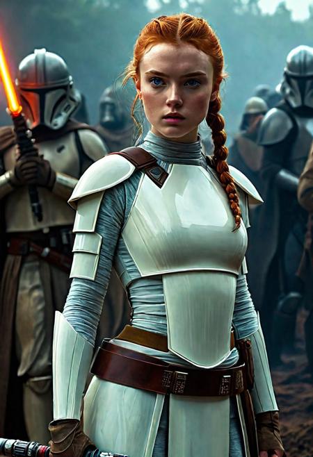 High resolution ultra-realistic of Beautiful Jedi Knightess, 8k, capturing the intensity of the moment, cinematic lighting, standing on a bloody and turbulent battlefield in a bloody battle, wavy red hair, realistic dirty pale face, realistic blue eyes, beautiful hourglass figure, burning in a Star Wars Town, intricately designed Star Wars style clothes dirty white-brown robes, Star Wars Aesthetic, perfect athletic figure, beautiful Sadie Sink as Jedi Knightess, ultra realistic, cinematic style, vigorous and seductive, athletic figure, Star Wars style, dramatic lighting, wet and sweaty skin, dirty pale skin, athletic figure, dark fantasy, dramatic lighting, Greg Rutkowski style, Jedi Knightess on in Jedi dress, hyper-detailed, hyper-realistic, natural light, extremely intricate details, masterpiece, epic, bright colours, Attractive 21 old years girl, beautiful firm Breasts, sharp focus, digital painting, Photograph Taken on Nikon D750, Alphonse Mucha, athletic figure, Hyperdetailed, hyperrealism, Attractive, Attractive bust girl, asymmetric balance