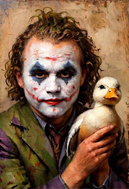 r3mbr4ndt, (old dark sharp fuzzy oil painting medium brush strokes:1.1) portrait of (Heath Ledger as The Joker:1.5), (holding a duck:1.5), rich textures, realistic facial expression, high detail, moody, vintage, brush strokes, oil paint, old canvas texture, Rembrandt Lighting Style
