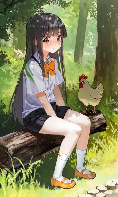 by ganet, furude rika, 1girl, animal, bird, black hair, black shorts, blunt bangs, bow, bowtie, brown eyes, chicken, child, closed mouth, fence, forest, grass, holding, holding animal, light blush, light smile, long hair, mary janes, nature, orange bow, orange footwear, outdoors, photo (medium), photo background, shirt, shoes, short sleeves, shorts, sidelocks, sitting on tree stump, socks, solo, tree stump, white shirt, white socks, <lora:sdxl - Char - Furude Rika - Bionagato>