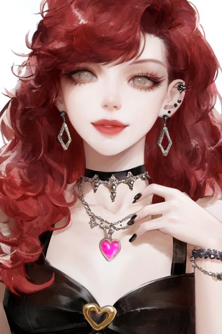 pilyeon, solo, 1girl, black nails, jewelry, Long hair, looking at viewer, choker, necklace,piercing, white background, heart, closed mouth, grey eyes, nail polish, simple background, red hair, ear piercing, black choker, smile, eyelashes, lips, hand on own cheek, bangs, bracelet, beads, gem, earrings, fingernails