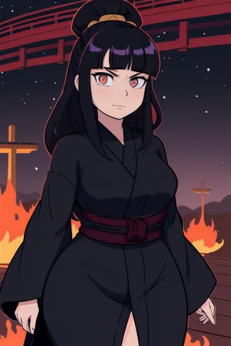 SFW, 1Girl, Adult, (fat Omani:1.2) woman, natural medium breasts, long black spiky hairstyle, wearing black yukata outfit, beryl jewelry, Armored Dress accents, glowing iris, white eyes, pensive expression, empyreal otherworldly blizzard ambience with wooden bridge background, bizarre spiritual desert ambience with shipyard background, flat colors, cel shading, hard shadows, outlines, vector art