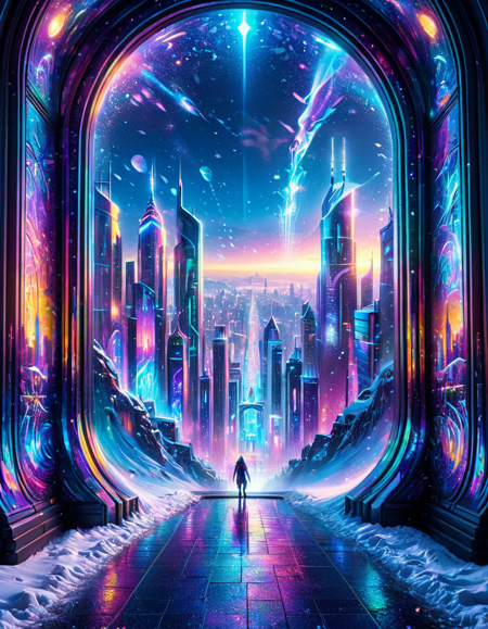 (fantasy art designed by Tony Sart:1.0) , wall Graffiti, landscape of a ral-iricnt from inside of a Futuristic cityscape, Feral and Sparkling, Snowing, Ethereal Lighting, atmospheric perspective, scene, <lora:ral-iricnt-sdxl:1>, sharp focus, highly intricate, rich deep colors, ambient light, fine polished