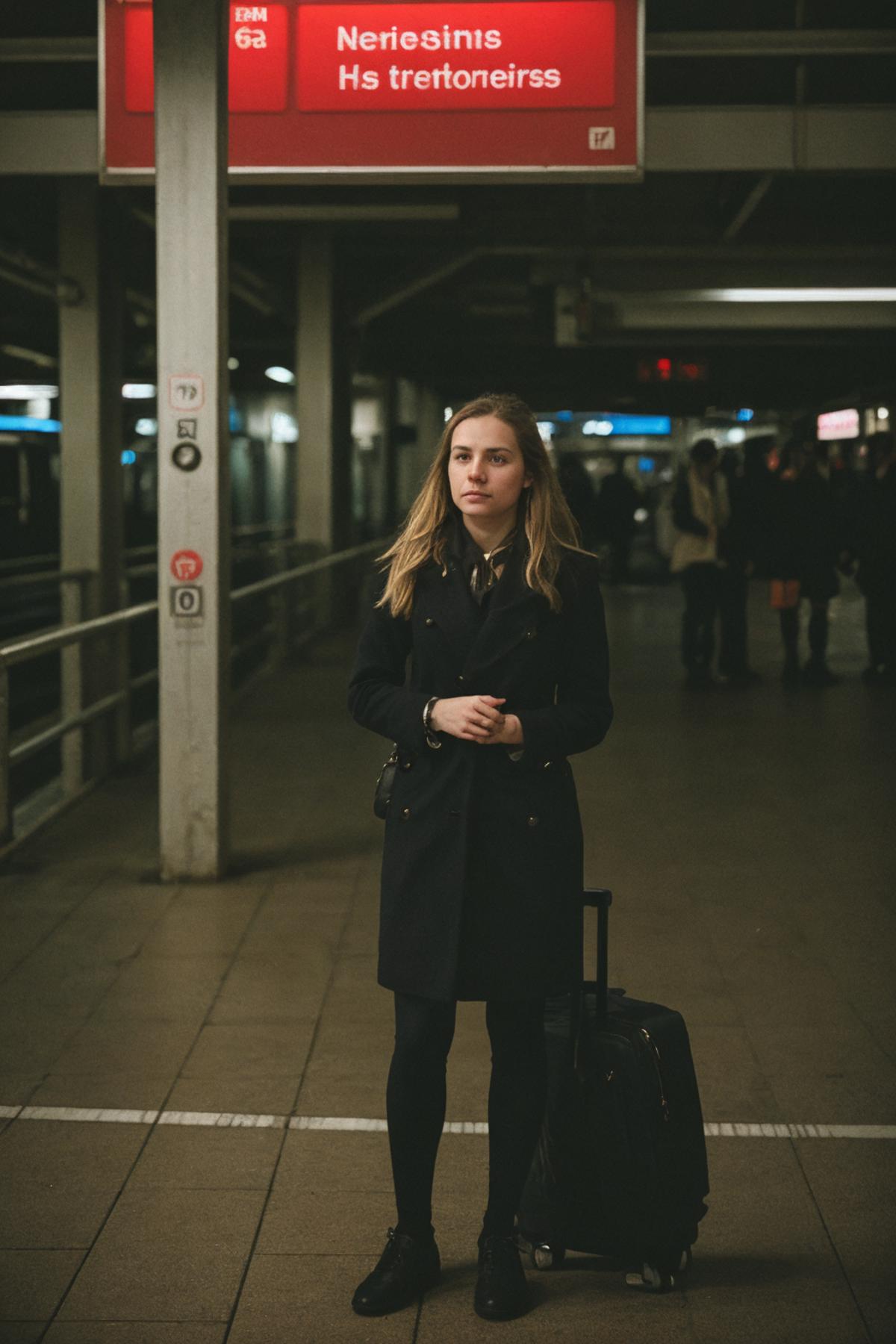 A woman wearing a black coat stands with her luggage in a train station.