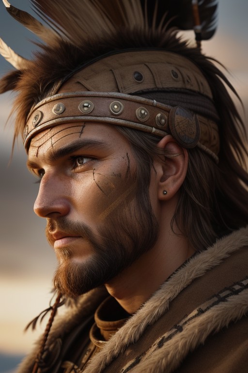 a viking warrior, semi-profile, wrinkled face, bright brown eyes, weathered skin, highly detailed, war paint, war bonnet,
