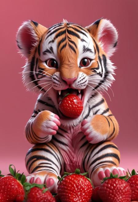 A beautiful and cute baby Tiger made entirely of strawberry, exposing lovely tongue, show paws. Highly detailed and intricate 8k photorealistic digital concept art, perfect composition.