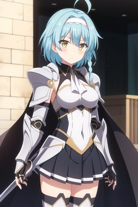 masterpiece, best quality,1girl,solo,nonaka yuki,aqua hair,short hair,ahoge,side braid, single braid,yellow eyes,white hairband,armor,cape,gauntlets ,greaves ,neckerchief ,pleated skirt,black thighhighs,<lora:nonakayuki:0.6>,