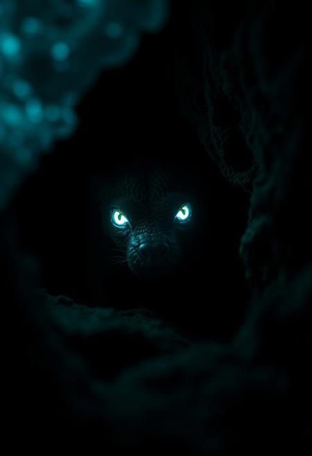 Nature photography of animal hiding in darkness of cave with glowing eyes, style of National Geographic, intricately detailed  bioluminescent cave background, film grain, HD, 8k, volumetric lighting, clear -dark, dimly lit, cool colors, volumetric lighting