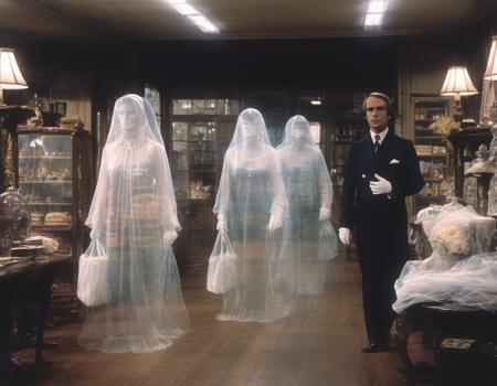 Still from 1972 british comedy film, transparent translucent ghosts wearing going shopping in a clothing store