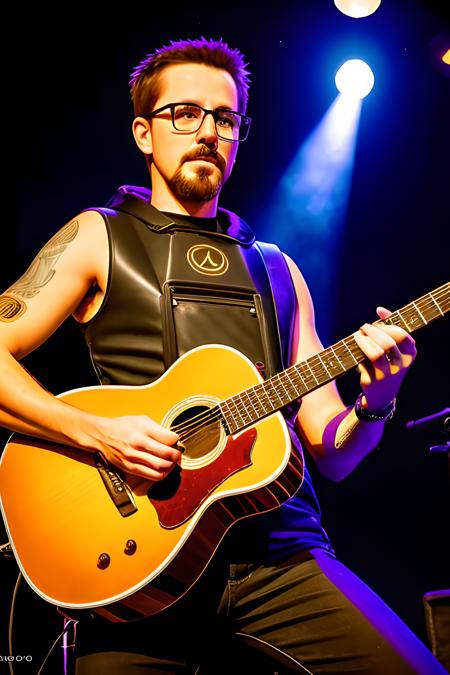 RAW photo, gordon_freeman playing guitar, best quality, high quality,  <lora:GordonFreeman:1>