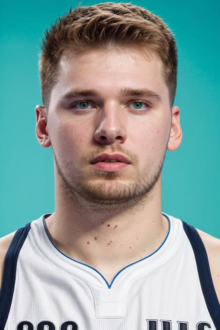 headshot of luka doncic, plain bright pastel background, white shirt <lora:LukaDoncicLora:1>