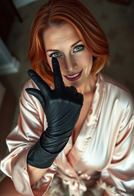 A pretty mature woman looking down at the viewer. She is fitting a latex glove. Her hair is red and her eyes are bright green. She has a condescending smile in her face as if she were planning something evil. She is wearing a pretty but casual silk robe, together with fur slides. Her body is toned and fit. She is in her mid 40s and looks very attractive. The image comes from a low angle, as if the viewer were down on the floor.