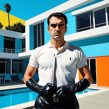 devastatingly handsome Miami blood spatter analyst in a polo shirt, thick dark eyebrows, close-set eyes with thick lashes, bedroom eyes that are completely empty and soulless, European nose, angular face with square jaw, perfect proportions, standing and looking directly at viewer with intense Kubrick stare, head tilted slightly down while eyes look up, unsettling fixed gaze with no emotion behind the eyes, wearing black leather gloves, holding a scalpel, arms at his side with hands hanging at waist level, handsome facade masking complete emptiness, full body, crime scene tape,, vibrant acrylic painting style, bold flat colors, clean geometric compositions, bright California sunlight, crisp shadows, modernist architecture, swimming pool blue tones, perfectly manicured landscapes, mid-century modern aesthetic, saturated color palette, smooth gradients, minimal detail work, contemporary pop art influence, architectural precision, optimistic 1960s atmosphere,