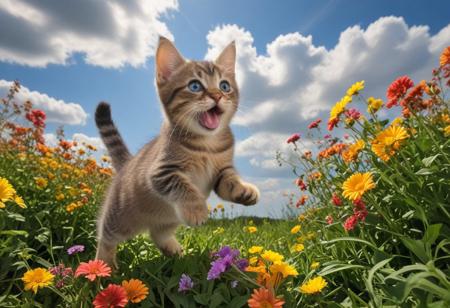Highly detailed photograph of a tabby kitten leaping through the air above a field of colorful flowers. Side view. Floppy ears, floppy tongue, big eyes, very cute, very happy, joyful. Blue sky with fluffy clouds. Bright sun, (god rays).