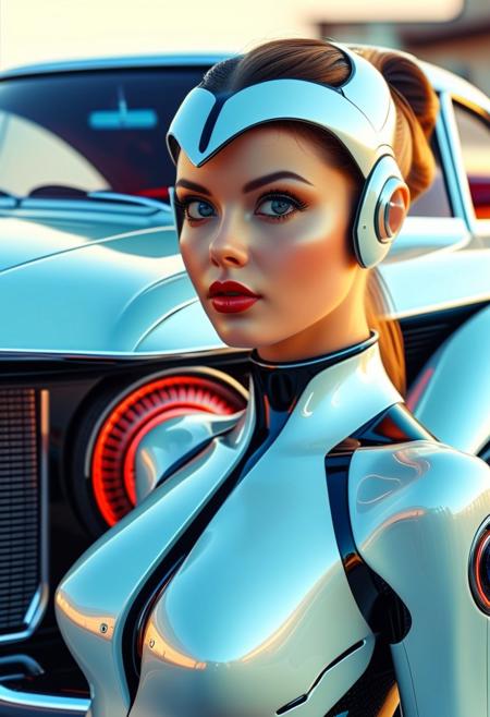 Futuristic electric super car, retro 1960-style  futuristic, girl pinup model standing next to car, masterpiece, 8k,absurdres, intricate details, focus on girl's face, car's shapes continue behind girl,
close to viewer, upper body picture, 
beautypinupart, 1girl, futuristic car,