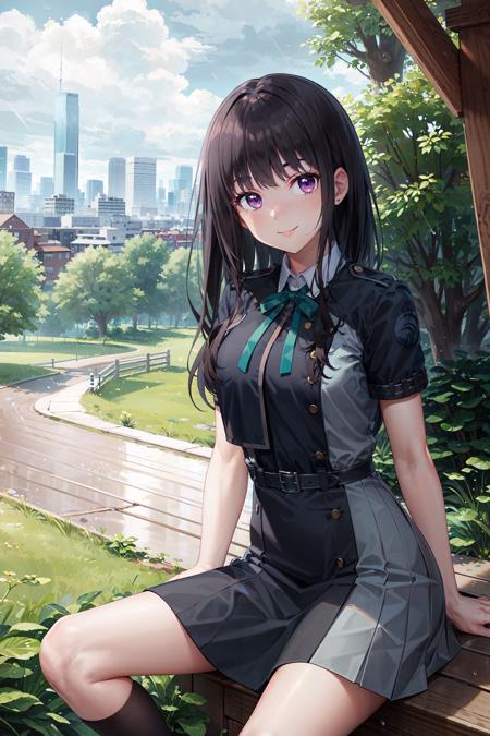 (masterpiece, best quality:1.4), looking at viewer, smile, cowboy shot, takina inoue, purple eyes, black hair, long hair, lycoris uniform, green ribbon, short sleeves, two-tone dress, pleated dress, collared shirt, kneehighs, outdoors, forest, rain, cloudy sky, skyline, <lora:takina_inoue_v1:0.8>