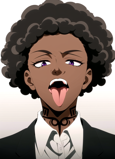 promisedNeverland <lora:promisedNeverland_offset:1>, masterpiece, best quality, solo, 1girl, male focus, afro, dark skin, dark-skinned male, tongue, tongue out, tattoo, dreadlocks, black hair, parody, anime coloring, looking at viewer